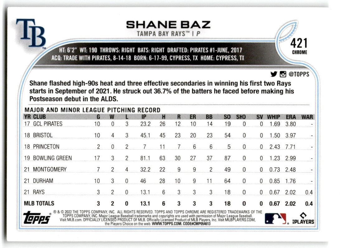 2022 Topps Shane Baz Tampa Bay Rays #421