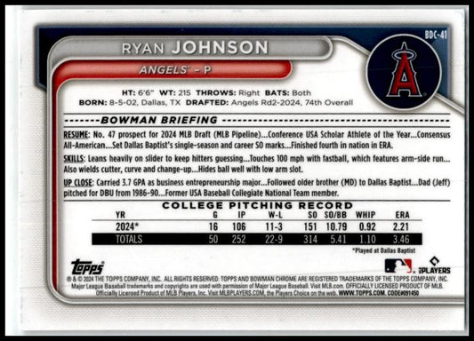 2024 Bowman #BDC-41 Ryan Johnson Los Angeles Angels