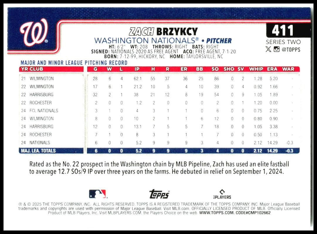 2025 Topps #411 Zach Brzykcy Rookie Washington Nationals