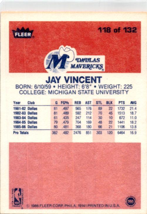 1986-87 Fleer #118 Jay Vincent Rookie Dallas Mavericks