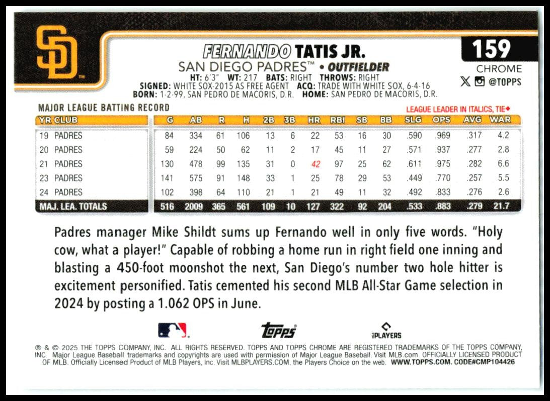 2025 Topps Chrome #159 Fernando Tatis JR Paders