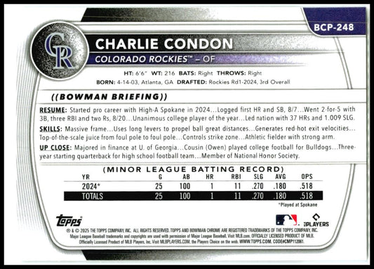 2025 Bowman Chrome Mini-Diamond #BCP-248 Charlie Condon Rockies