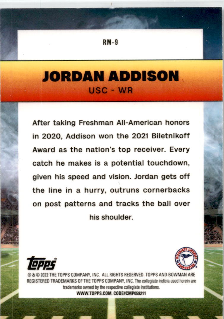2022 Bowman University Chrome Ramblin Man #RM-9 Jordan Addison USC Trojans