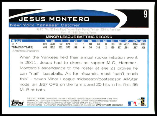 2012 Topps #9 Jesus Montero Rookie New York Yankees
