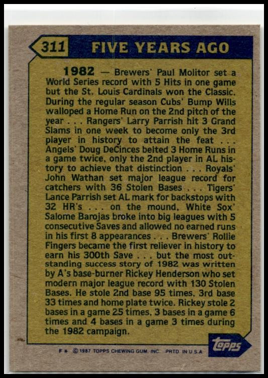 1987 Topps #311 Rickey Henderson Oakland Athletics