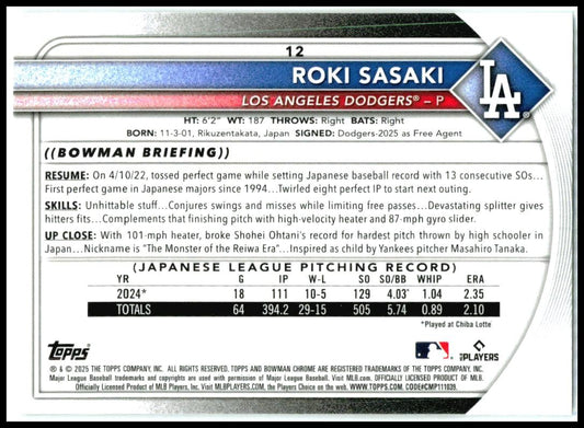 2025 Bowman Chrome Mojo Refractor #12 Roki Sasaki Rookie Dodgers