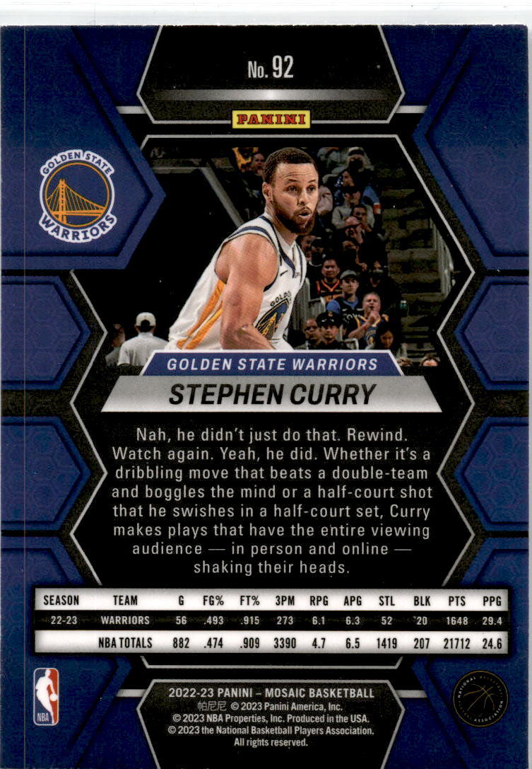 2022-23 Panini Mosaic #92 Stephen Curry Golden State Warriors
