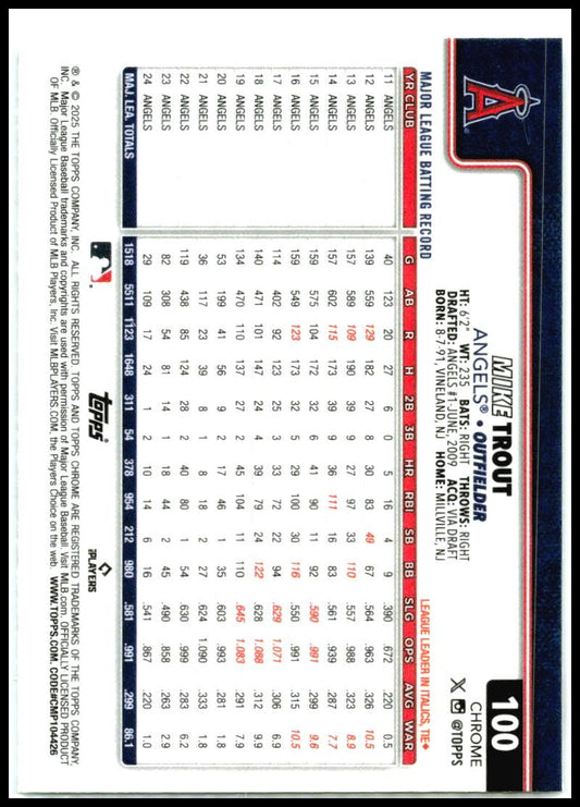 2025 Topps Chrome #100 Mike Trout Los Angeles Angels