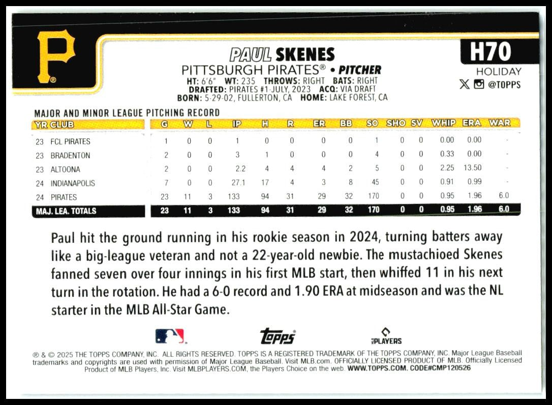 2025 Topps Holiday Silver Glitter Holiday #H70 Paul Skenes Pittsburgh Pirates