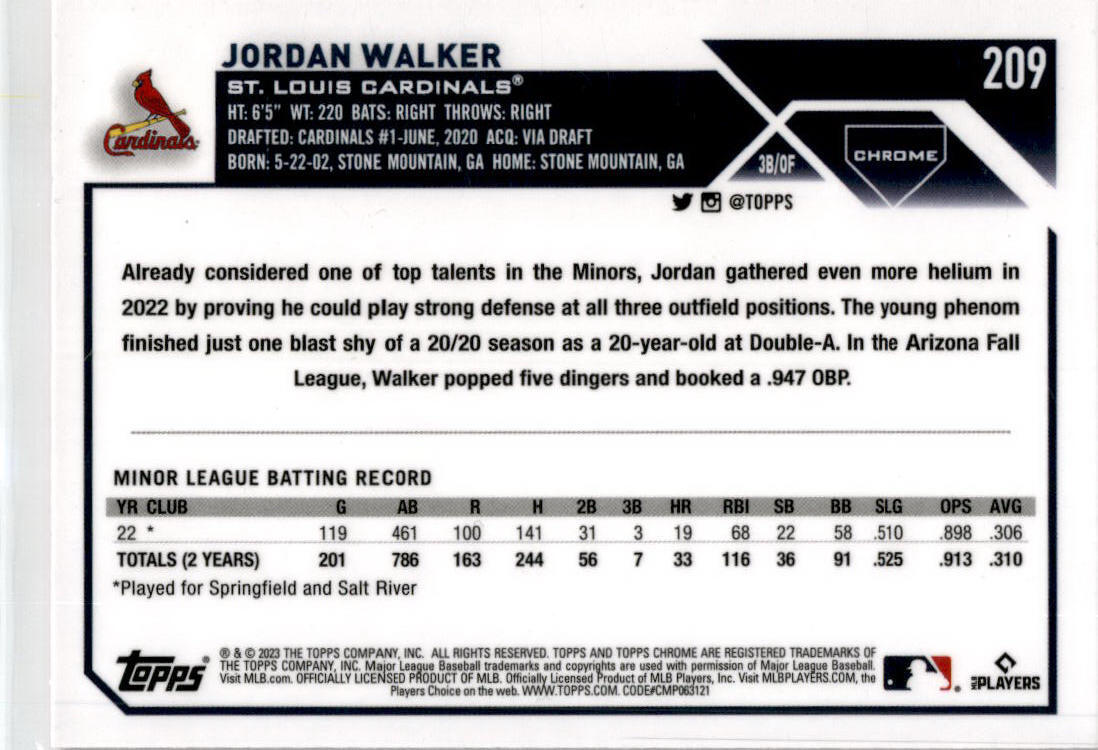 2023 Topps Chrome Pink Refractor #209 Jordan Walker St. Louis Cardinals