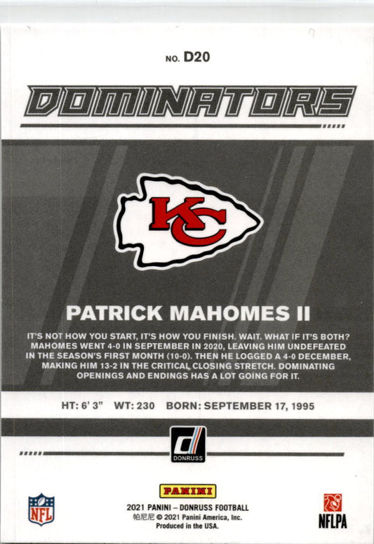 2021 Donruss Dominators #D20 Patrick Mahomes II Kansas City Chiefs