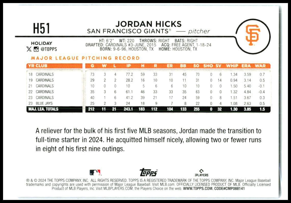 2024 Topps Holiday Holiday Tree Blue Metallic #H51 Jordan Hicks Giants