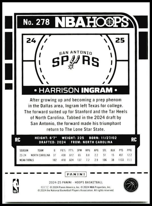 2024-25 Hoops #278 Harrison Ingram Rookie San Antonio Spurs