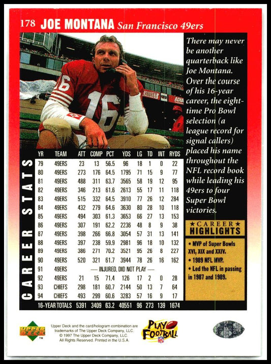 1997 Upper Deck Legends #178 Joe Montana San Francisco 49ers