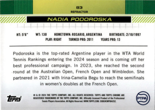 2024 Topps Chrome Tennis Refractor #83 Nadia Podoroska