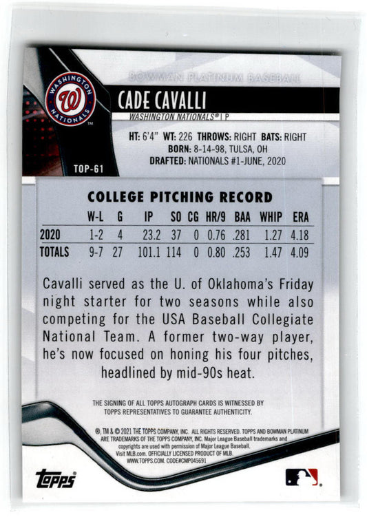 2021 Bowman Platinum #TOP-61 Cade Cavalli Auto Washington Nationals