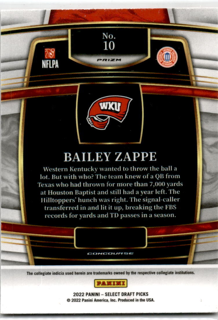 2022 Select Draft Picks Red Lazer Prizm #10 Bailey Zappe Western Kentucky /Pats