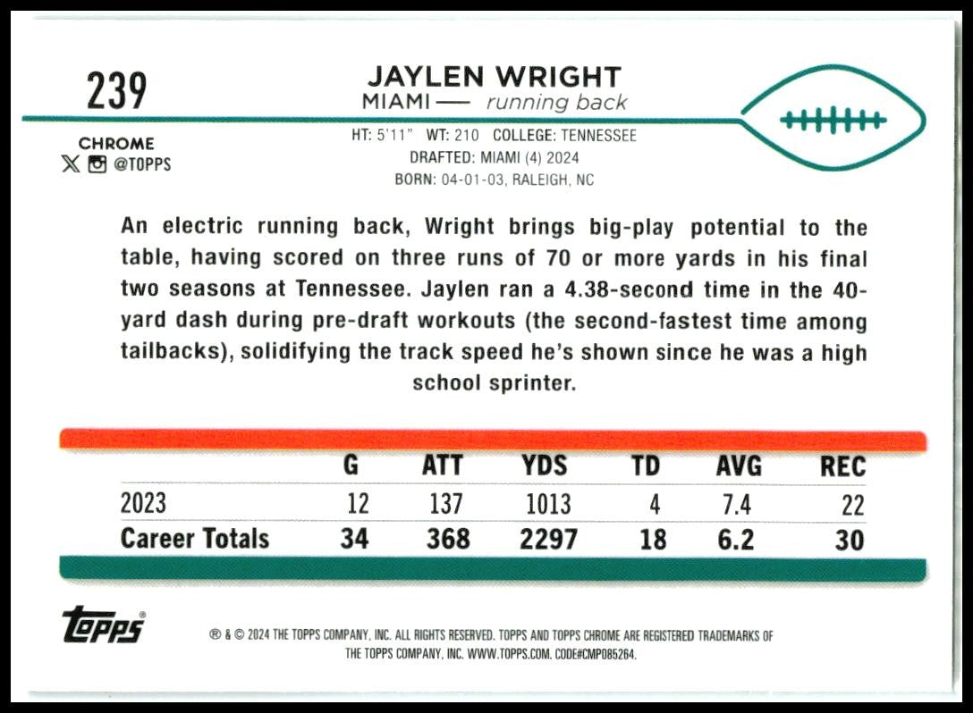 2024 Topps Chrome #239 Jaylen Wright Rookie Miami Dolphins