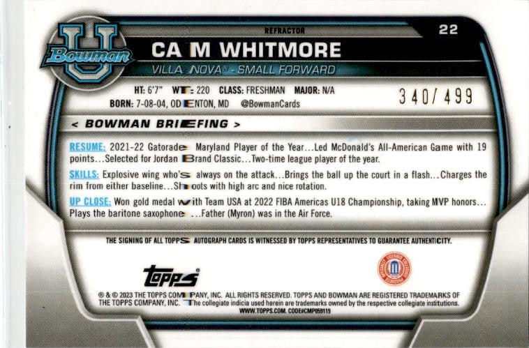 2023-24 bowman university chrome Refractor #22 Cam Whitmore Auto /499 Rockets