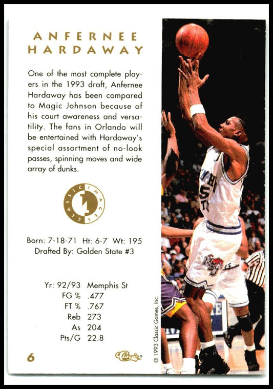 1993 Classic Draft Picks #6 Anfernee Hardaway Memphis Tigers