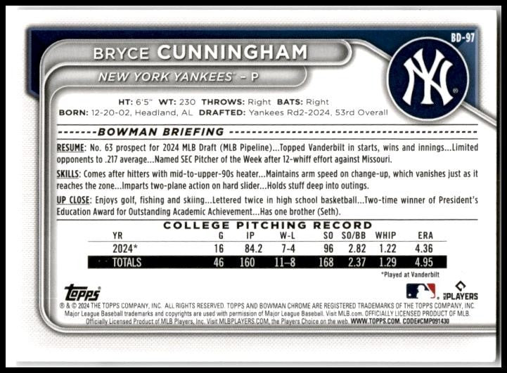 2024 Bowman Draft #BD-97 Bryce Cunningham New York Yankees