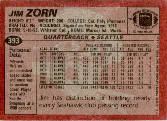 1983 Topps #393 Jim Zorn Seattle Seahawks