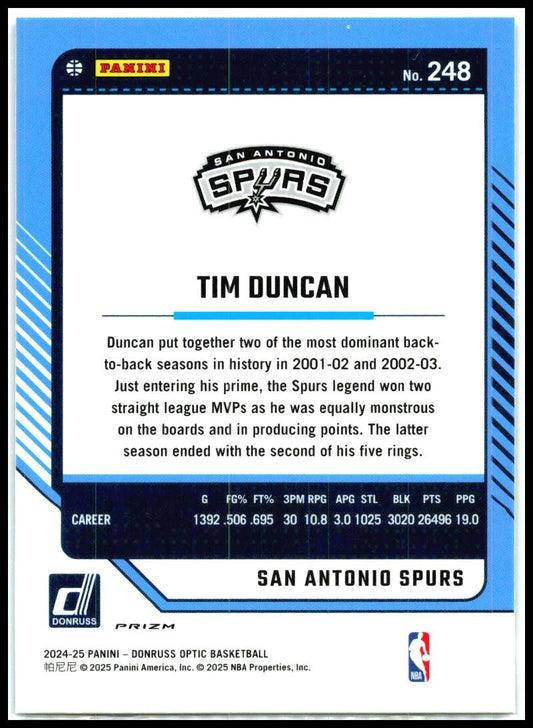 2024-25 Donruss Optic Purple #248 Tim Duncan San Antonio Spurs