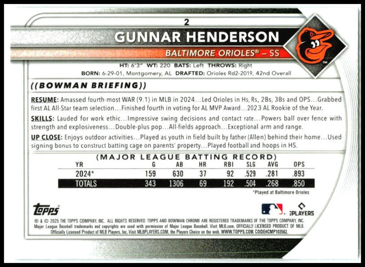 2025 Bowman Chrome Mojo Refractor #2 Gunnar Henderson Baltimore Orioles