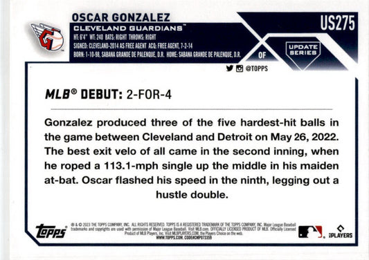 2023 Topps Update Orange and Black Foil #US275 Oscar Gonzalez Guardians