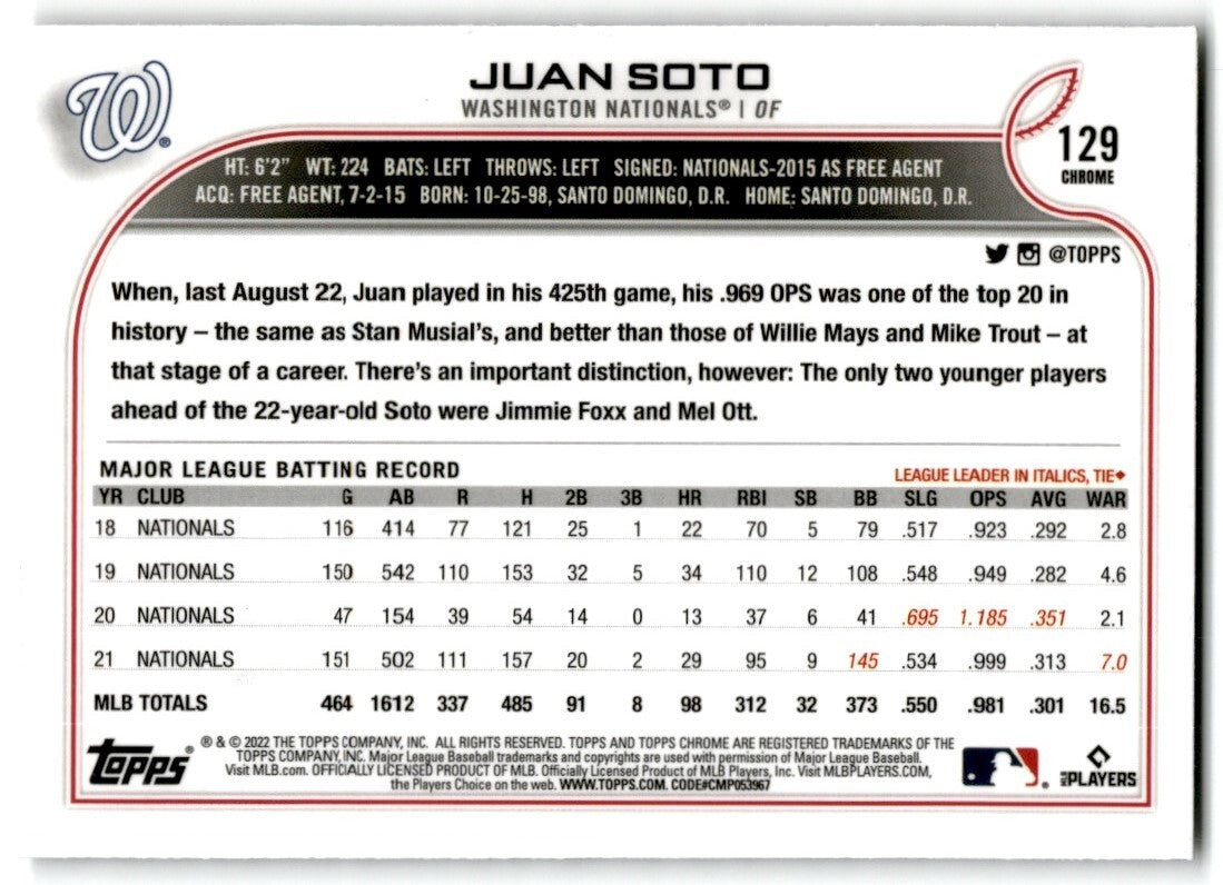 2022 Topps Chrome X-Factor Juan Soto Washington Nationals #129