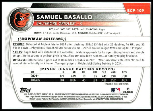 2025 Bowman Chrome Prospects #BCP-109 Samuel Basallo Baltimore Orioles