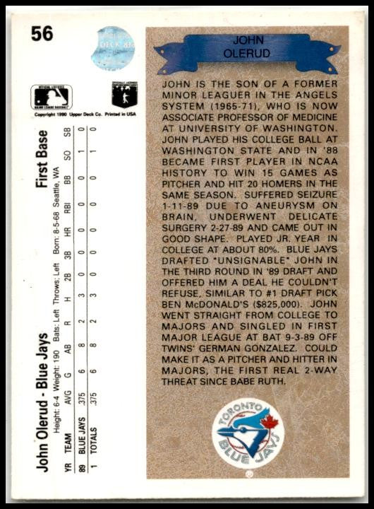 1990 Upper Deck #56 John Olerud Rookie Toronto Blue Jays