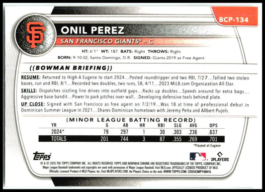 2025 Bowman Chrome Prospects #BCP-134 Onil Perez San Francisco Giants