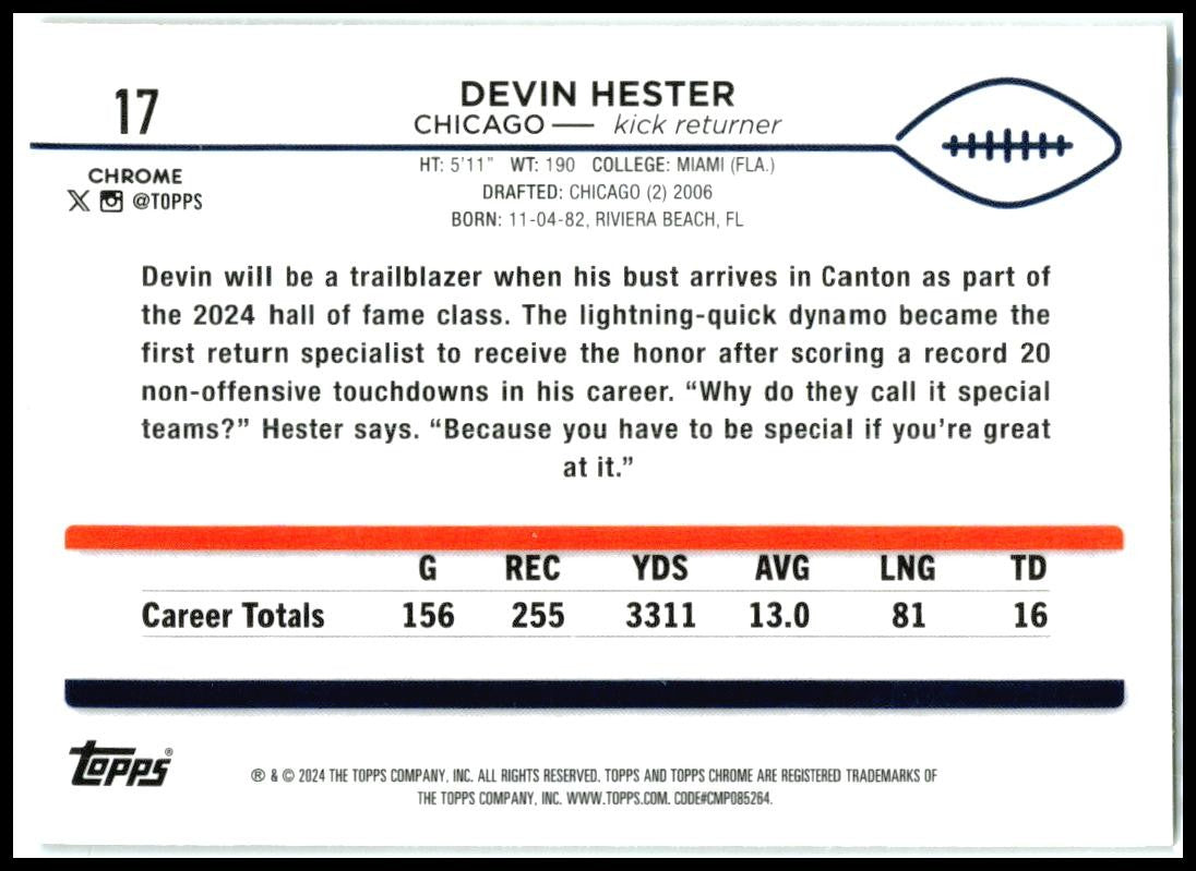 2024 Topps Chrome #17 Devin Hester Chicago Bears