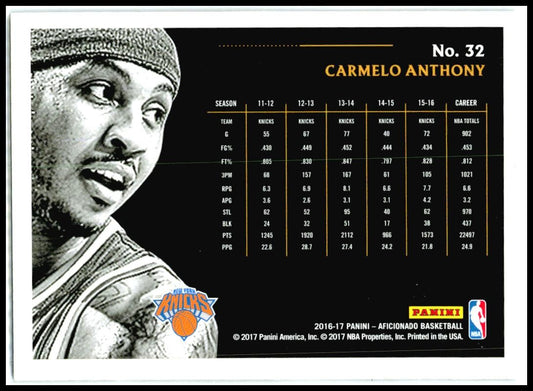 2016-17 Panini Aficionado #32 Carmelo Anthony New York Knicks