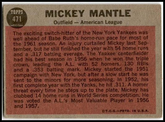 1962 Topps #471 Mickey Mantle New York Yankees