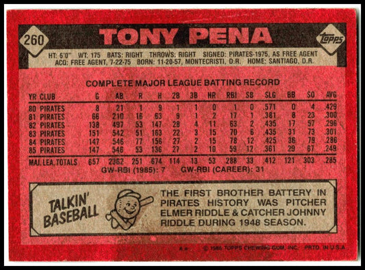 1986 Topps #260 Tony Pena Pittsburgh Pirates