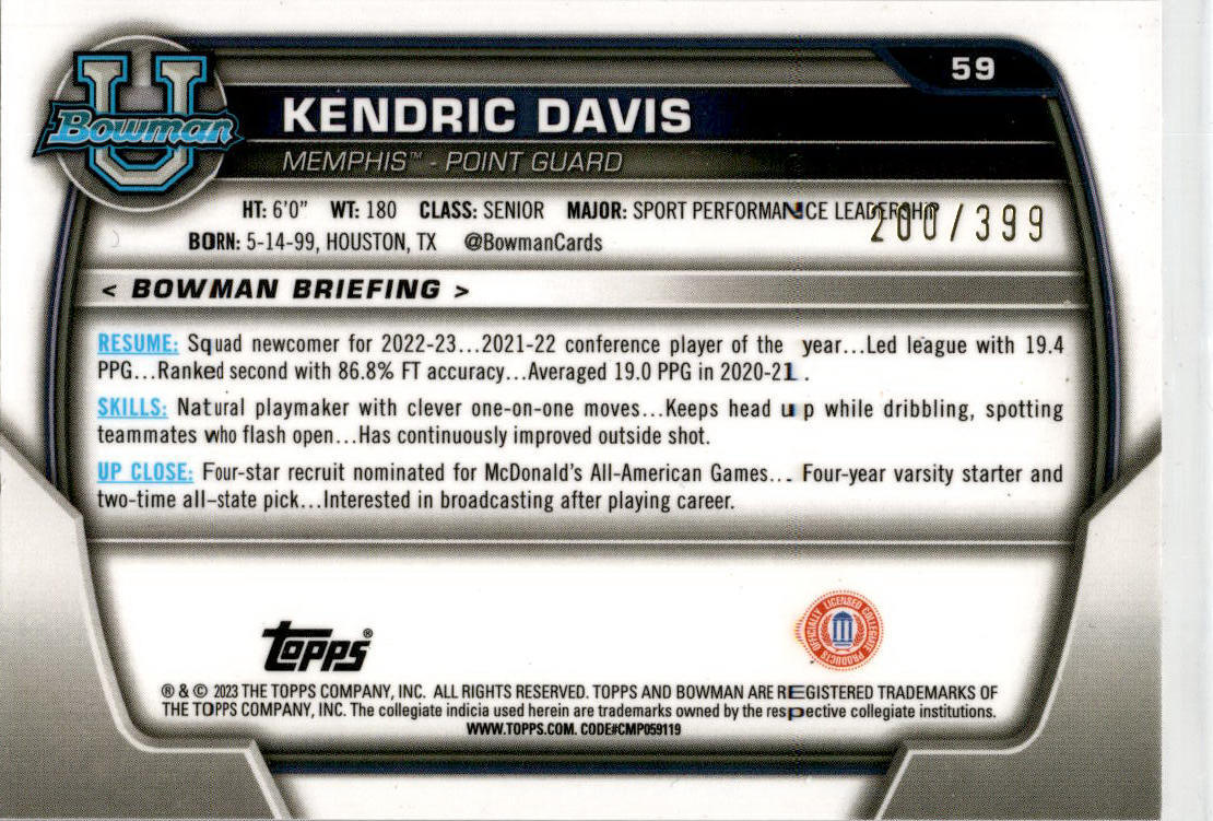 2022-23 Bowman University Chrome Purple #59 Kendric Davis Memphis Tigers