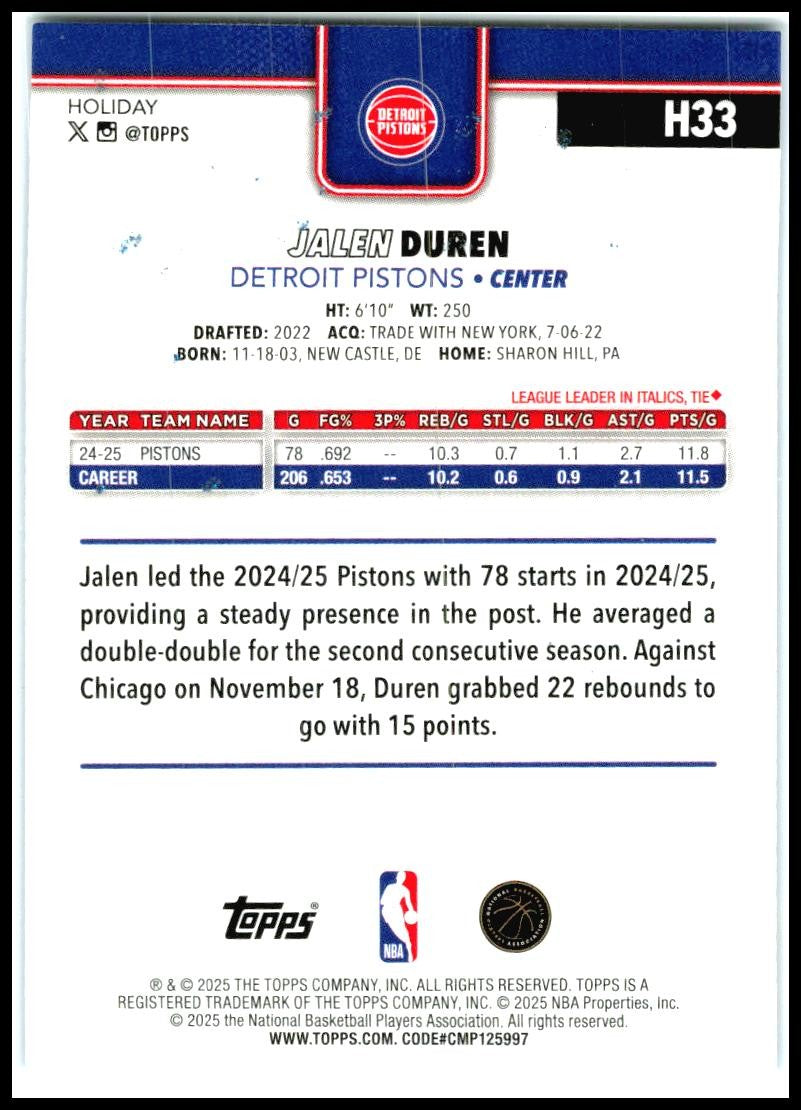 2025-26 Topps Holiday Blue Metallic Glitter Holiday #H33 Jalen Duren Pistons