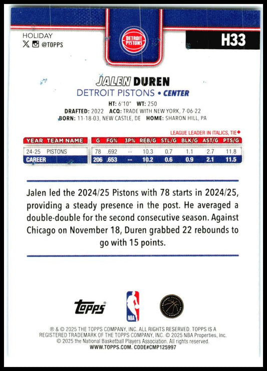 2025-26 Topps Holiday Blue Metallic Glitter Holiday #H33 Jalen Duren Pistons
