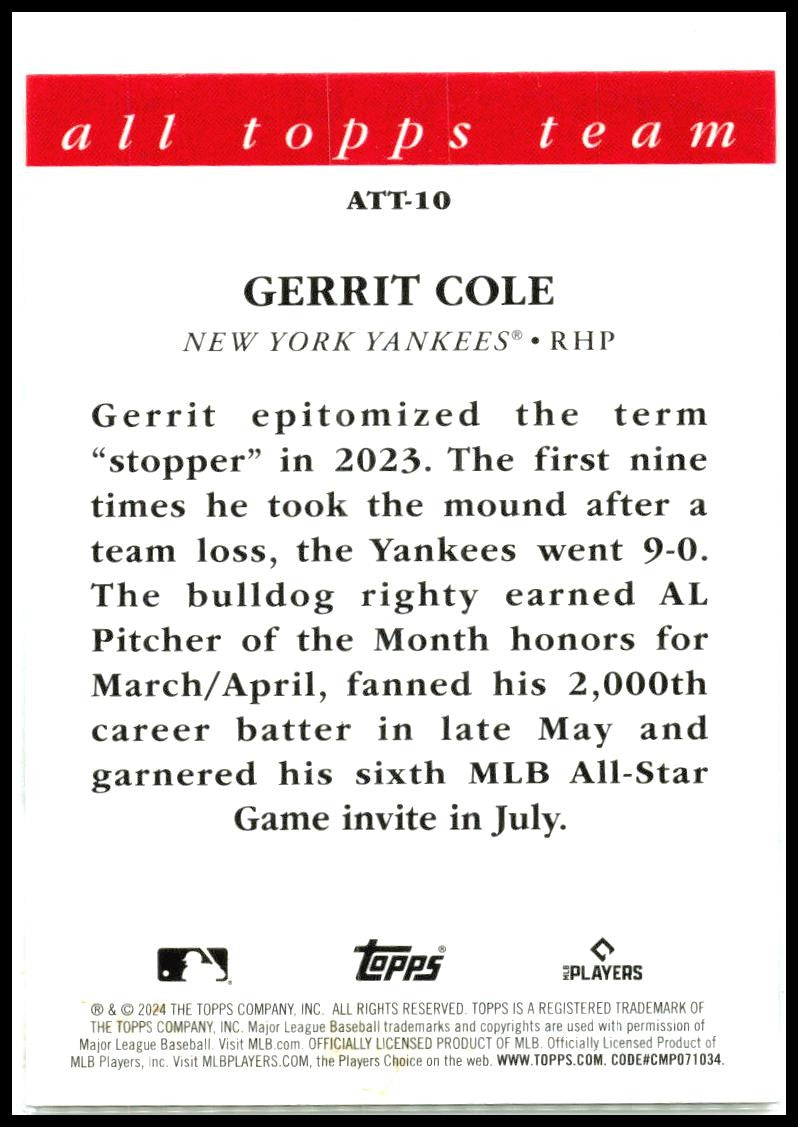 2024 Topps 2023 All Topps Team #ATT-10 Gerrit Cole New York Yankees