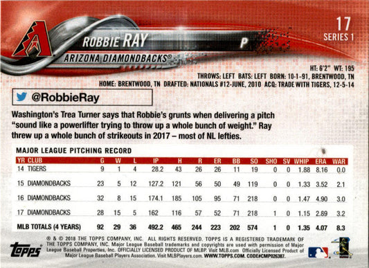 2018 Topps #17 Robbie Ray Arizona Diamondbacks