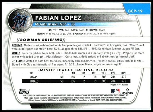 2025 Bowman Chrome Prospects #BCP-19 Fabian Lopez Miami Marlins