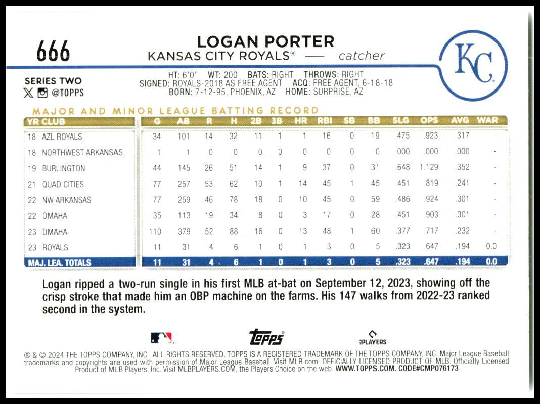 2024 Topps #666 Logan Porter Rookie Kansas City Royals