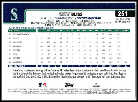 2025 Topps Sandglitter #251 Ryan Bliss Seattle Mariners