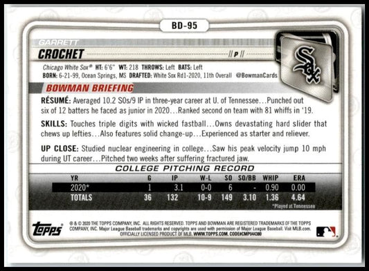 2020 Bowman Draft 1st Edition Sky Blue Foil #BD-95 Garrett Crochet White Sox