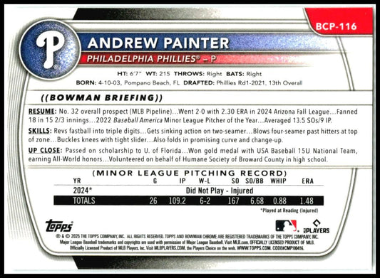 2025 Bowman Chrome Prospects #BCP-116 Andrew Painter Philadelphia Phillies