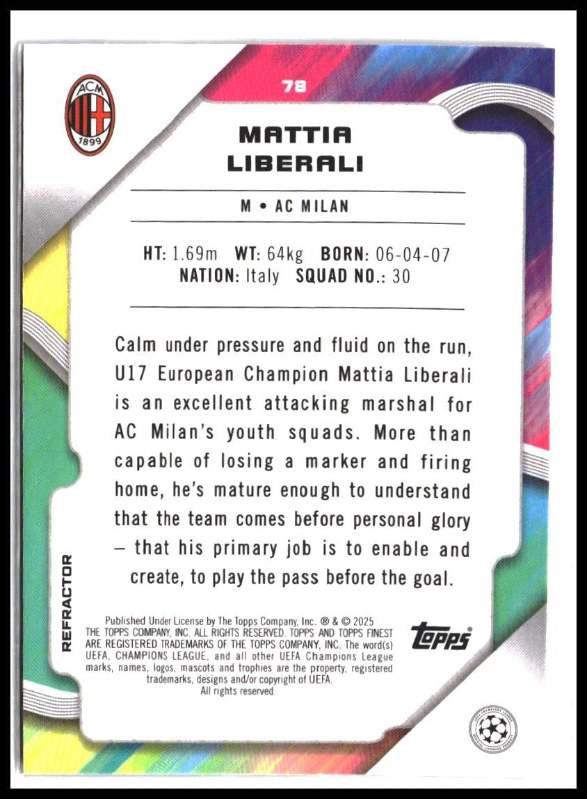Mattia Liberali #78 2024-25 Finest UEFA Club Competitions Refractor Rookie RC