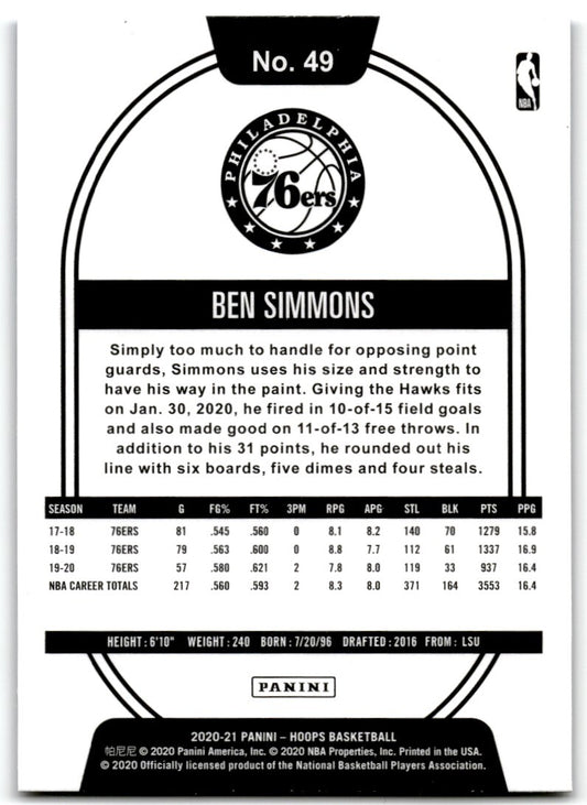 2020-21 Hoops Purple Explosion Ben Simmons Philadelphia 76ers #49