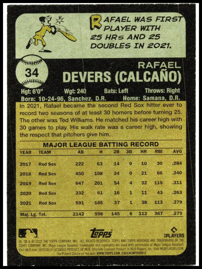 2022 Topps Heritage #34 Rafael Devers Boston Red Sox